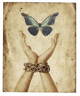 Chained wrists and hands reaching for blue butterfly