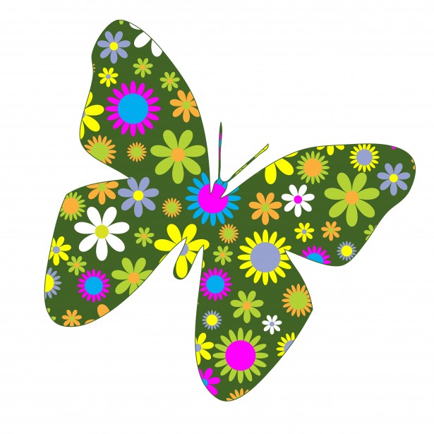 Retro hippie floral green butterfly